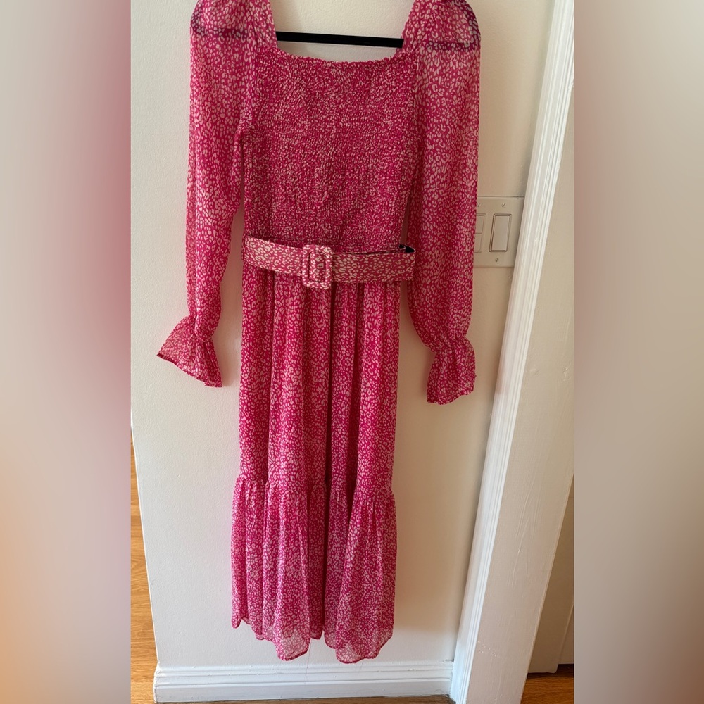 Girls' Pink Floral Belted Long Sleeve Dress